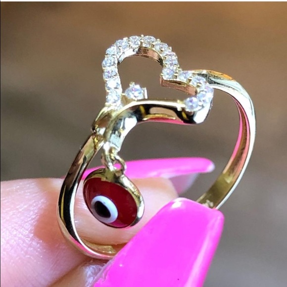 New 14K yellow Gold red evil eye CZ heart Ring - Picture 5 of 8